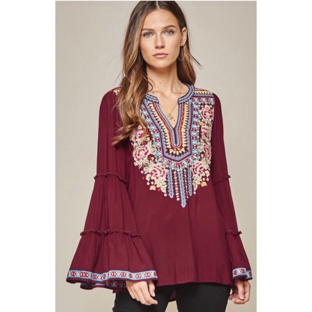 GiGio Burgundy Retro Print Flare Pants | Stretch High Rise | Fall Boho Statement - Picture 11 of 11